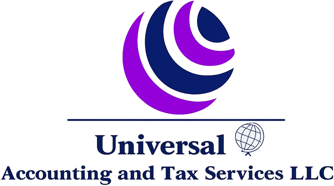 Universal_logo_transparent Logo for Universal Accounting and Tax Services LLC featuring a stylized globe design in purple and navy above the company name in blue text.